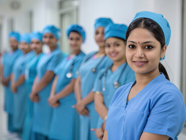 A group of confident Indian healthcare professionals, nurses in A group of confident Indian healthcare professionals, nurses in teal scrubs, smiling in a bright hospital corridor.